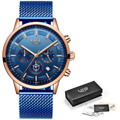 LIGE Top Brand Luxury New Fashion Simple Watch for Men Blue Dial Watch Mesh Belt Sport Waterproof Watches Moon Phase Wrist Watch