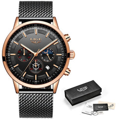 LIGE Top Brand Luxury New Fashion Simple Watch for Men Blue Dial Watch Mesh Belt Sport Waterproof Watches Moon Phase Wrist Watch