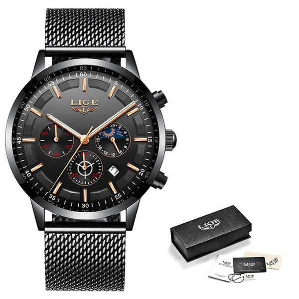 LIGE Top Brand Luxury New Fashion Simple Watch for Men Blue Dial Watch Mesh Belt Sport Waterproof Watches Moon Phase Wrist Watch