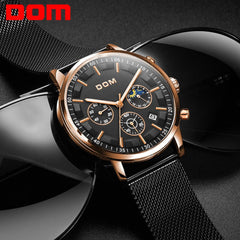 DOM Luxury Brand Men Business Watches Chronograph Waterproof Quartz Wristwatch Full Steel Male Clock Relogio Masculino M-1296GK