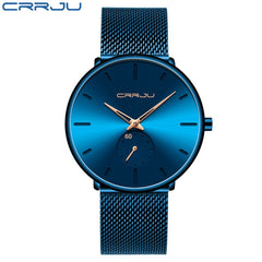 CRRJU Ultra Thin Blue Stainless steel Quartz Watches Men Simple Fashion Business Japan Wristwatch Clock Male Relogio Masculino
