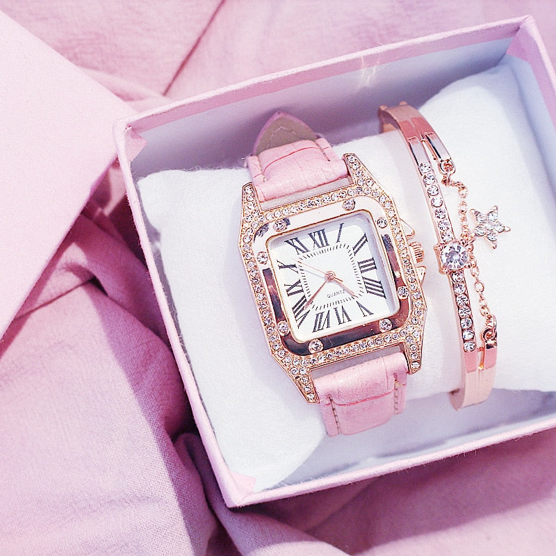 Mulheres diamante relógio de luxo estrelado pulseira definir relógios senhoras casual pulseira de couro relógio de pulso de quartzo feminino zegarek damski