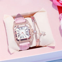 Mulheres diamante relógio de luxo estrelado pulseira definir relógios senhoras casual pulseira de couro relógio de pulso de quartzo feminino zegarek damski