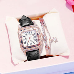 Mulheres diamante relógio de luxo estrelado pulseira definir relógios senhoras casual pulseira de couro relógio de pulso de quartzo feminino zegarek damski