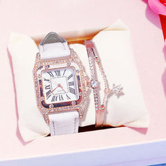 Mulheres diamante relógio de luxo estrelado pulseira definir relógios senhoras casual pulseira de couro relógio de pulso de quartzo feminino zegarek damski