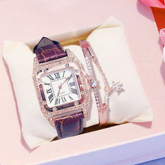 Mulheres diamante relógio de luxo estrelado pulseira definir relógios senhoras casual pulseira de couro relógio de pulso de quartzo feminino zegarek damski