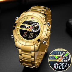 Naviforce homens militar esporte relógio de pulso ouro quartzo aço à prova ddual água dupla exibição masculino relógios relogio masculino 9163
