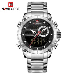 Naviforce homens militar esporte relógio de pulso ouro quartzo aço à prova ddual água dupla exibição masculino relógios relogio masculino 9163