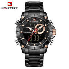 Naviforce homens militar esporte relógio de pulso ouro quartzo aço à prova ddual água dupla exibição masculino relógios relogio masculino 9163