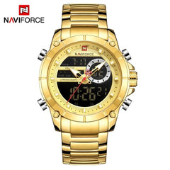 Naviforce homens militar esporte relógio de pulso ouro quartzo aço à prova ddual água dupla exibição masculino relógios relogio masculino 9163