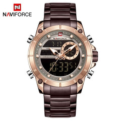 Naviforce homens militar esporte relógio de pulso ouro quartzo aço à prova ddual água dupla exibição masculino relógios relogio masculino 9163