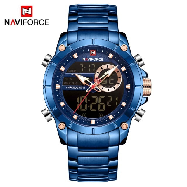 Naviforce homens militar esporte relógio de pulso ouro quartzo aço à prova ddual água dupla exibição masculino relógios relogio masculino 9163
