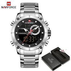 Naviforce homens militar esporte relógio de pulso ouro quartzo aço à prova ddual água dupla exibição masculino relógios relogio masculino 9163