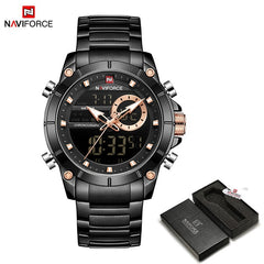 Naviforce homens militar esporte relógio de pulso ouro quartzo aço à prova ddual água dupla exibição masculino relógios relogio masculino 9163