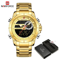 Naviforce homens militar esporte relógio de pulso ouro quartzo aço à prova ddual água dupla exibição masculino relógios relogio masculino 9163