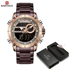 Naviforce homens militar esporte relógio de pulso ouro quartzo aço à prova ddual água dupla exibição masculino relógios relogio masculino 9163