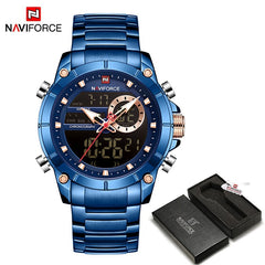 Naviforce homens militar esporte relógio de pulso ouro quartzo aço à prova ddual água dupla exibição masculino relógios relogio masculino 9163