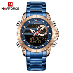 Naviforce homens militar esporte relógio de pulso ouro quartzo aço à prova ddual água dupla exibição masculino relógios relogio masculino 9163