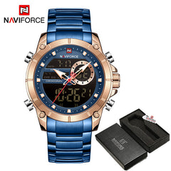 Naviforce homens militar esporte relógio de pulso ouro quartzo aço à prova ddual água dupla exibição masculino relógios relogio masculino 9163