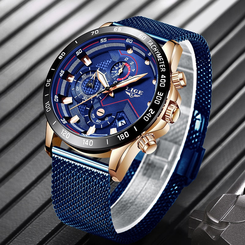 2019 nouveau LIGE bleu décontracté maille ceinture mode Quartz or montre hommes montres haut marque de luxe étanche horloge Relogio Masculino
